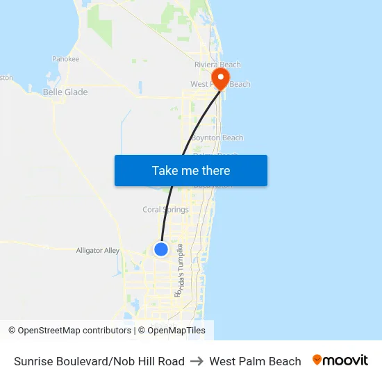 Sunrise Boulevard/Nob Hill Road to West Palm Beach map