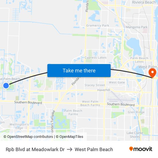 Rpb Blvd at Meadowlark Dr to West Palm Beach map