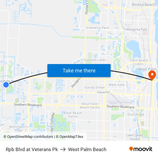 Rpb Blvd at Veterans Pk to West Palm Beach map