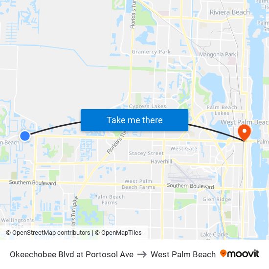 Okeechobee Blvd at Portosol Ave to West Palm Beach map