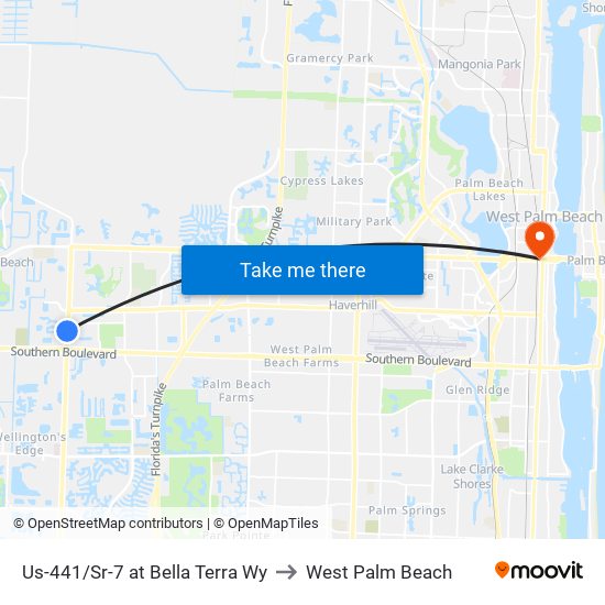 Us-441/Sr-7 at Bella Terra Wy to West Palm Beach map