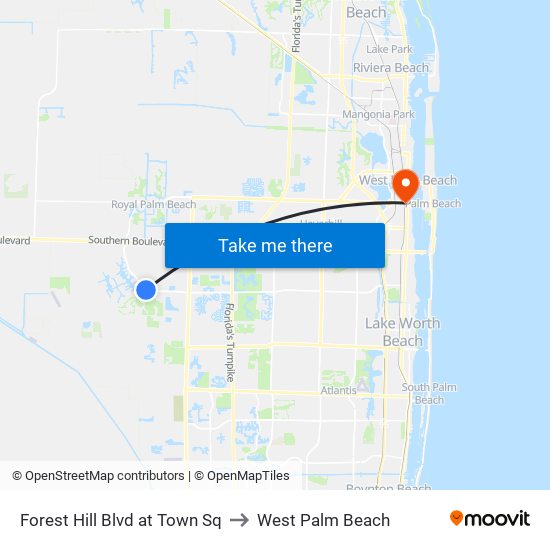 Forest Hill Blvd at Town Sq to West Palm Beach map