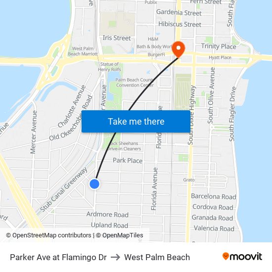 Parker Ave at Flamingo Dr to West Palm Beach map