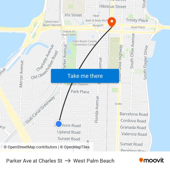 Parker Ave at Charles St to West Palm Beach map