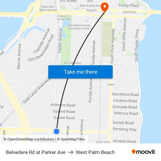 Belvedere Rd at  Parker Ave to West Palm Beach map