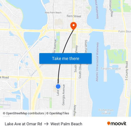 Lake Ave at Omar Rd to West Palm Beach map