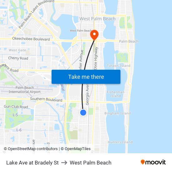 Lake Ave at Bradely St to West Palm Beach map