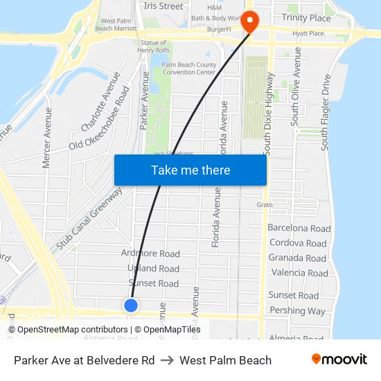 Parker Ave at Belvedere Rd to West Palm Beach map