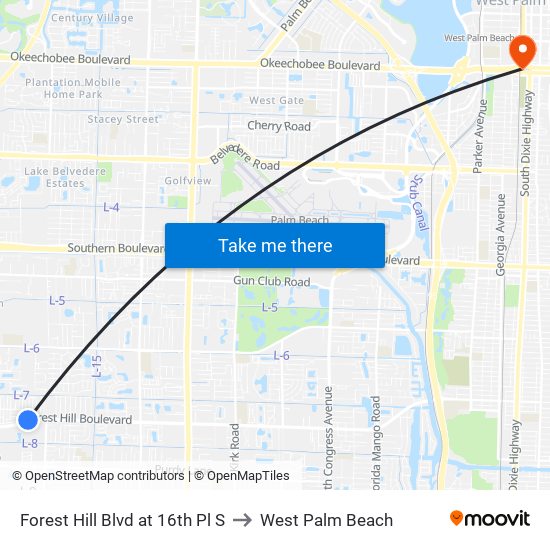 Forest Hill Blvd at 16th Pl S to West Palm Beach map