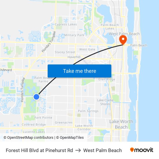 Forest Hill Blvd at Pinehurst Rd to West Palm Beach map