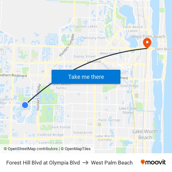 Forest Hill Blvd at Olympia Blvd to West Palm Beach map