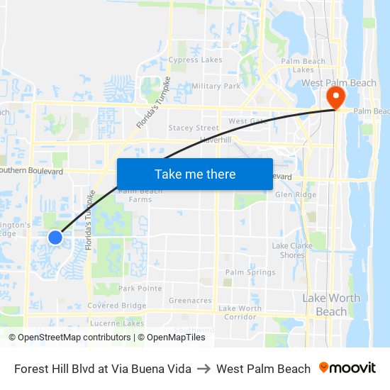 Forest Hill Blvd at Via Buena Vida to West Palm Beach map