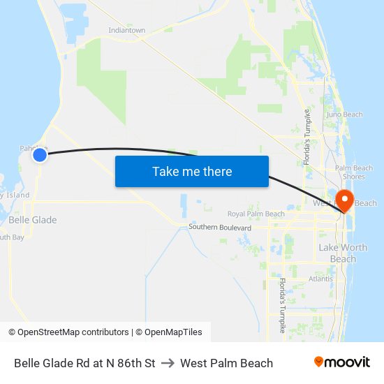 Belle Glade Rd at N 86th St to West Palm Beach map