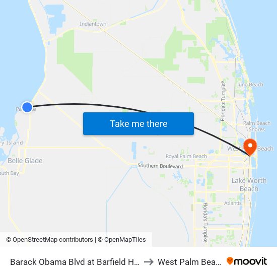 Barack Obama Blvd at Barfield Hwy to West Palm Beach map