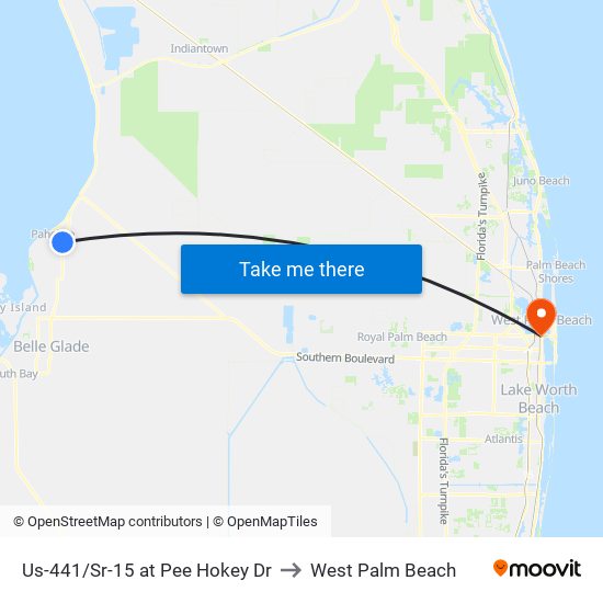 Us-441/Sr-15 at Pee Hokey Dr to West Palm Beach map