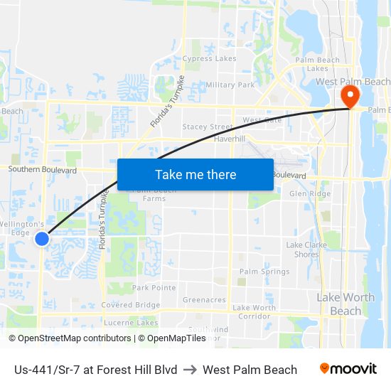 Us-441/Sr-7 at Forest Hill Blvd to West Palm Beach map