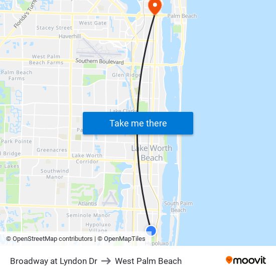 Broadway at Lyndon Dr to West Palm Beach map