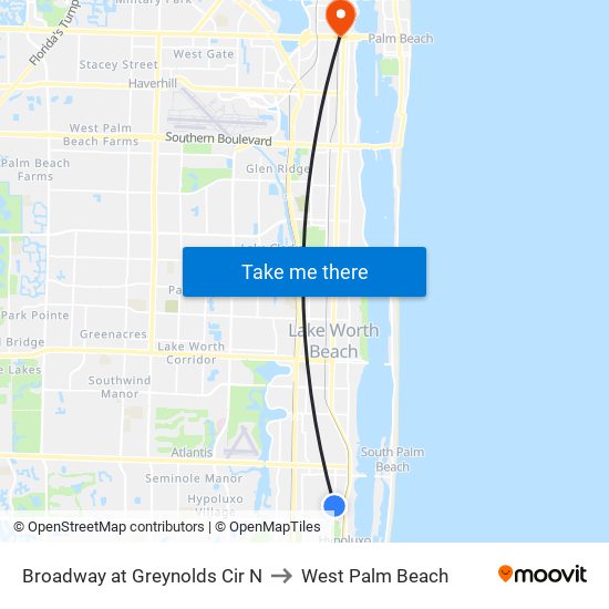 Broadway at  Greynolds Cir N to West Palm Beach map