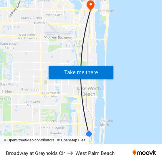 Broadway at Greynolds Cir to West Palm Beach map