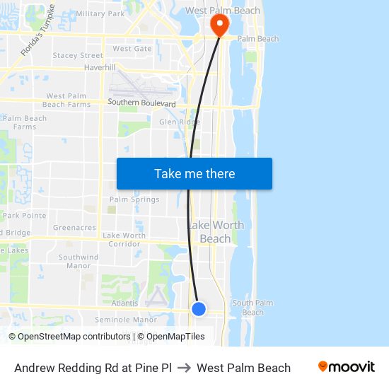 Andrew Redding Rd at Pine Pl to West Palm Beach map