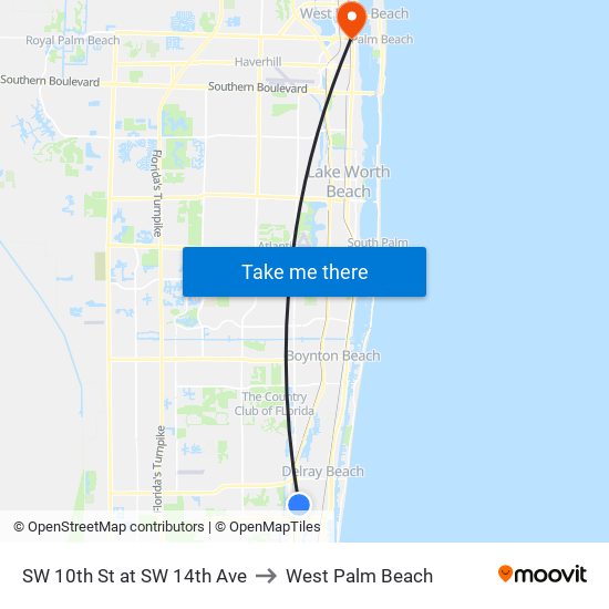 SW 10th St at  SW 14th Ave to West Palm Beach map