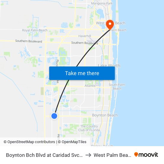 Boynton Bch Blvd at Caridad Svc Rd to West Palm Beach map