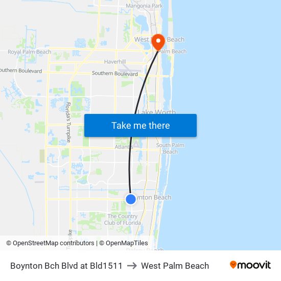 Boynton Bch Blvd at Bld1511 to West Palm Beach map