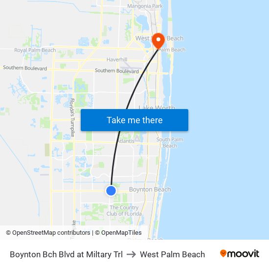 Boynton Bch Blvd at Miltary Trl to West Palm Beach map