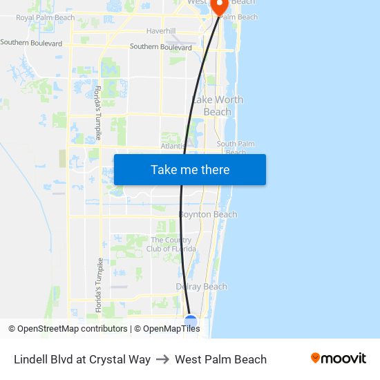 Lindell Blvd at Crystal Way to West Palm Beach map