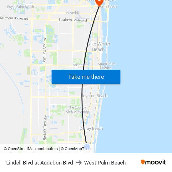Lindell Blvd at Audubon Blvd to West Palm Beach map
