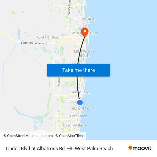 Lindell Blvd at Albatross Rd to West Palm Beach map