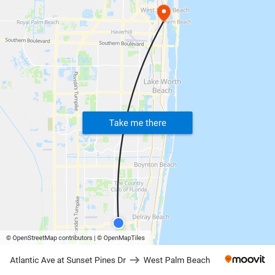 Atlantic Ave at  Sunset Pines Dr to West Palm Beach map