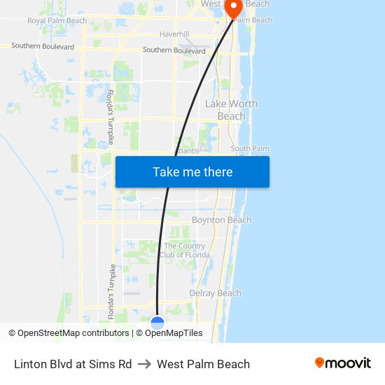 Linton Blvd at Sims Rd to West Palm Beach map
