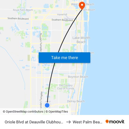 Oriole Blvd at Deauville Clubhouse to West Palm Beach map