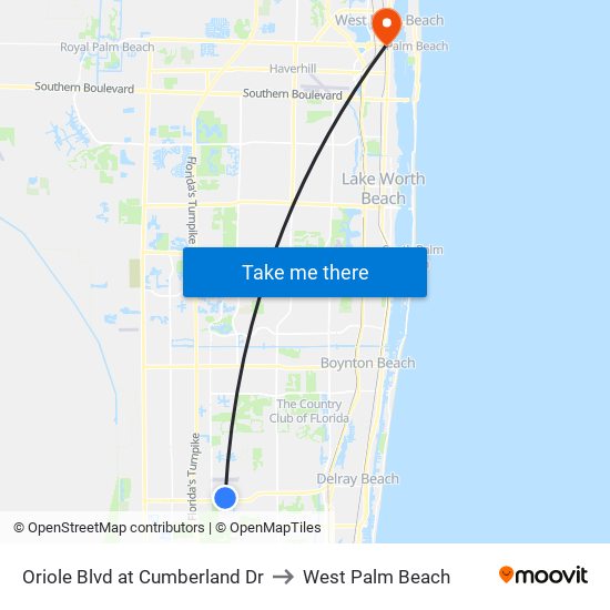 Oriole Blvd at Cumberland Dr to West Palm Beach map