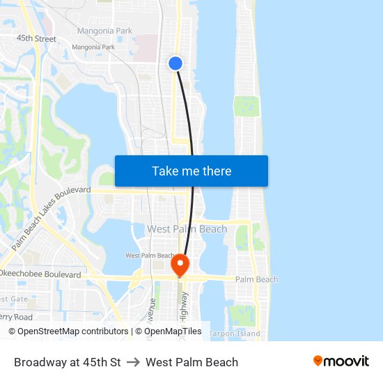 Broadway at 45th St to West Palm Beach map