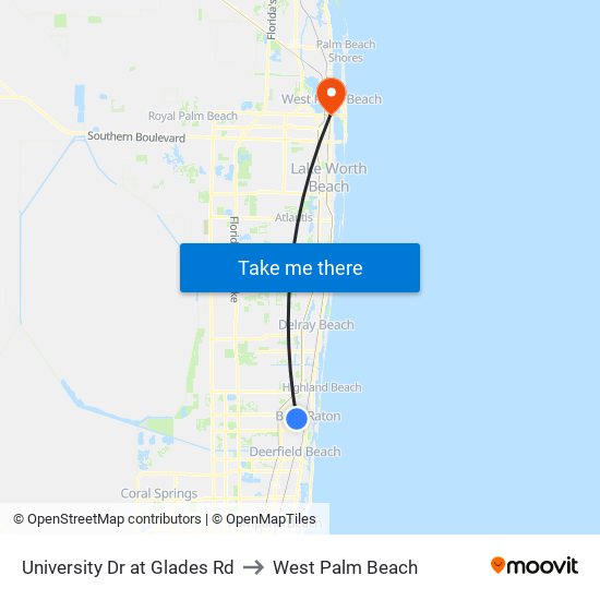 University Dr at Glades Rd to West Palm Beach map