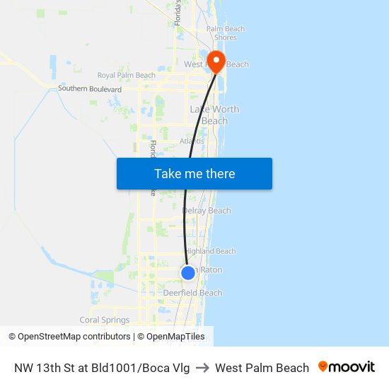 NW 13th St at Bld1001/Boca Vlg to West Palm Beach map
