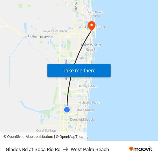 Glades Rd at Boca Rio Rd to West Palm Beach map