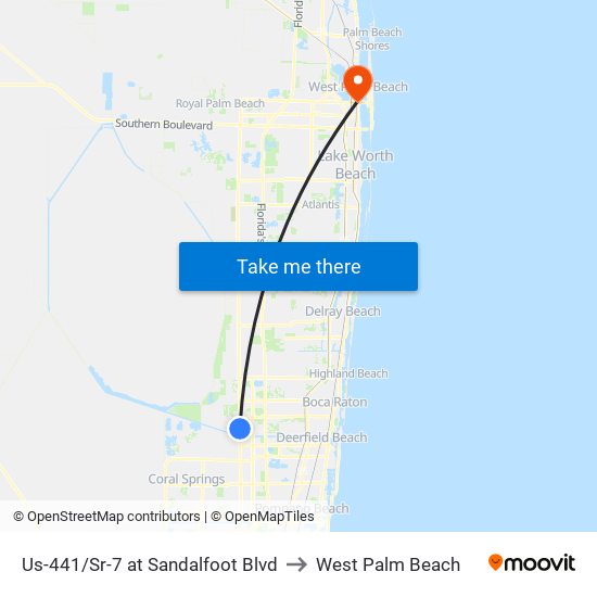 Us-441/Sr-7 at Sandalfoot Blvd to West Palm Beach map