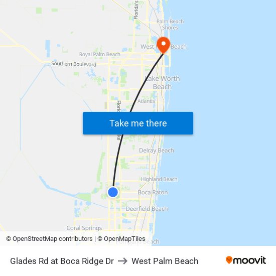 Glades Rd at Boca Ridge Dr to West Palm Beach map