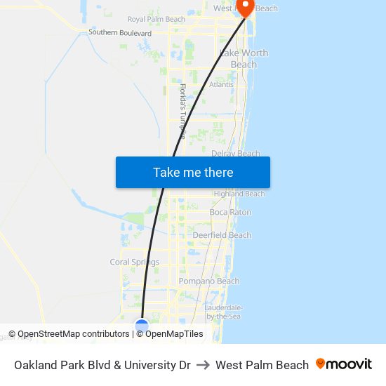 Oakland Park Blvd & University Dr to West Palm Beach map