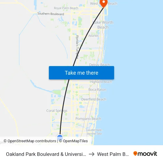 Oakland Park Boulevard & University Drive to West Palm Beach map