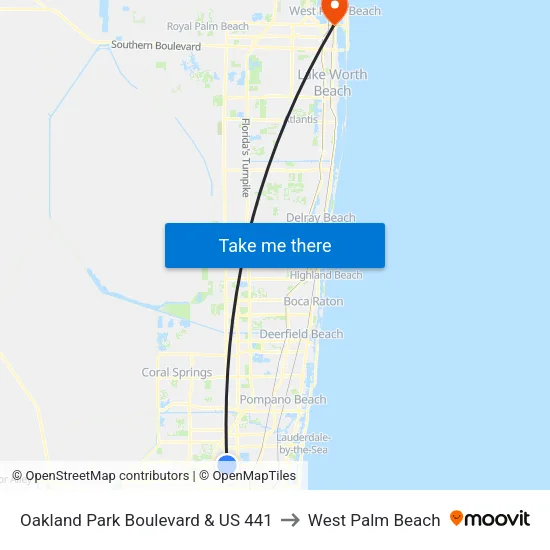 Oakland Park Boulevard & US 441 to West Palm Beach map