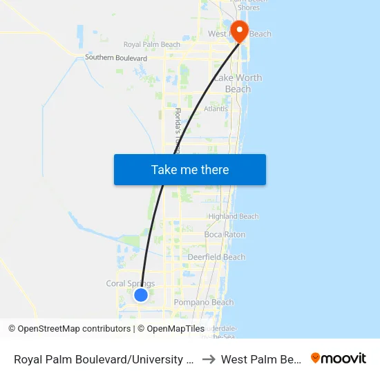 Royal Palm Boulevard/University Drive to West Palm Beach map