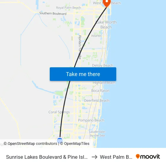 Sunrise Lakes Boulevard & Pine Island Road to West Palm Beach map