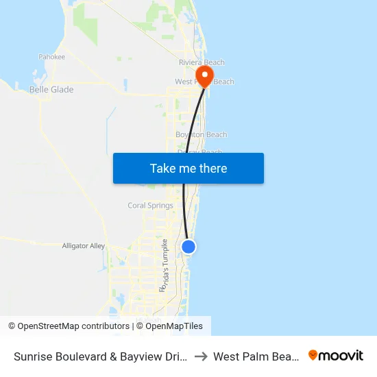 Sunrise Boulevard & Bayview Drive to West Palm Beach map