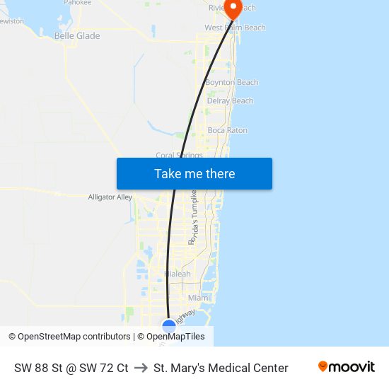 SW 88 St @ SW 72 Ct to St. Mary's Medical Center map