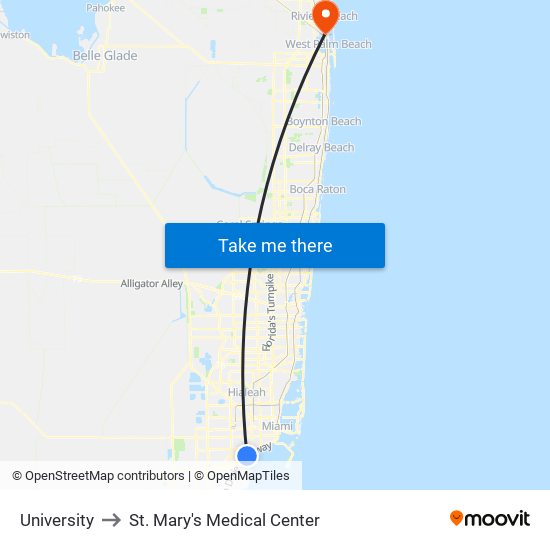 University to St. Mary's Medical Center map