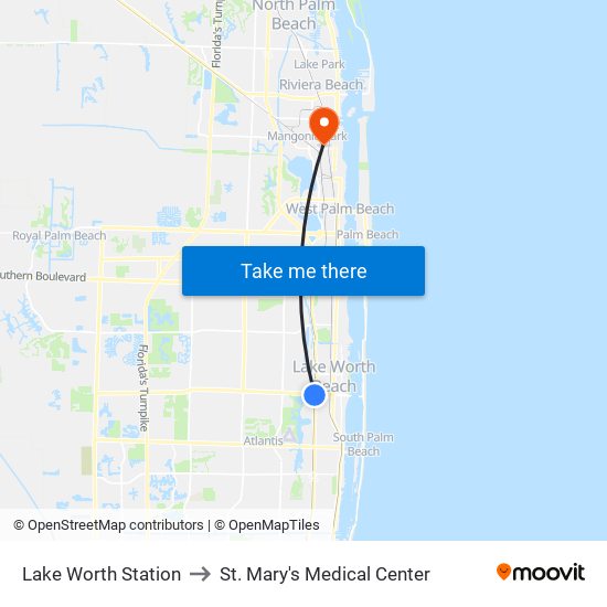 Lake Worth Station to St. Mary's Medical Center map